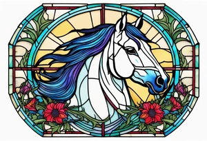 a stained glass window with a horse's head and a thistle in ocean colours. tattoo idea