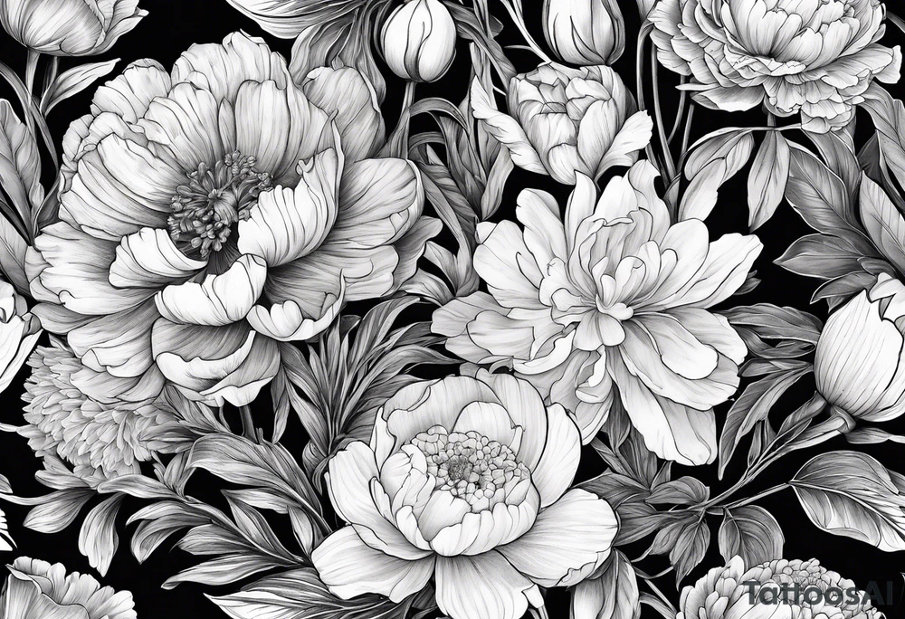 A stemless marigold, peony, and narcissus side by side. 3 flowers. tattoo idea