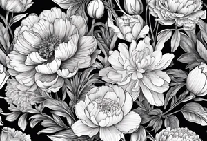 A stemless marigold, peony, and narcissus side by side. 3 flowers. tattoo idea