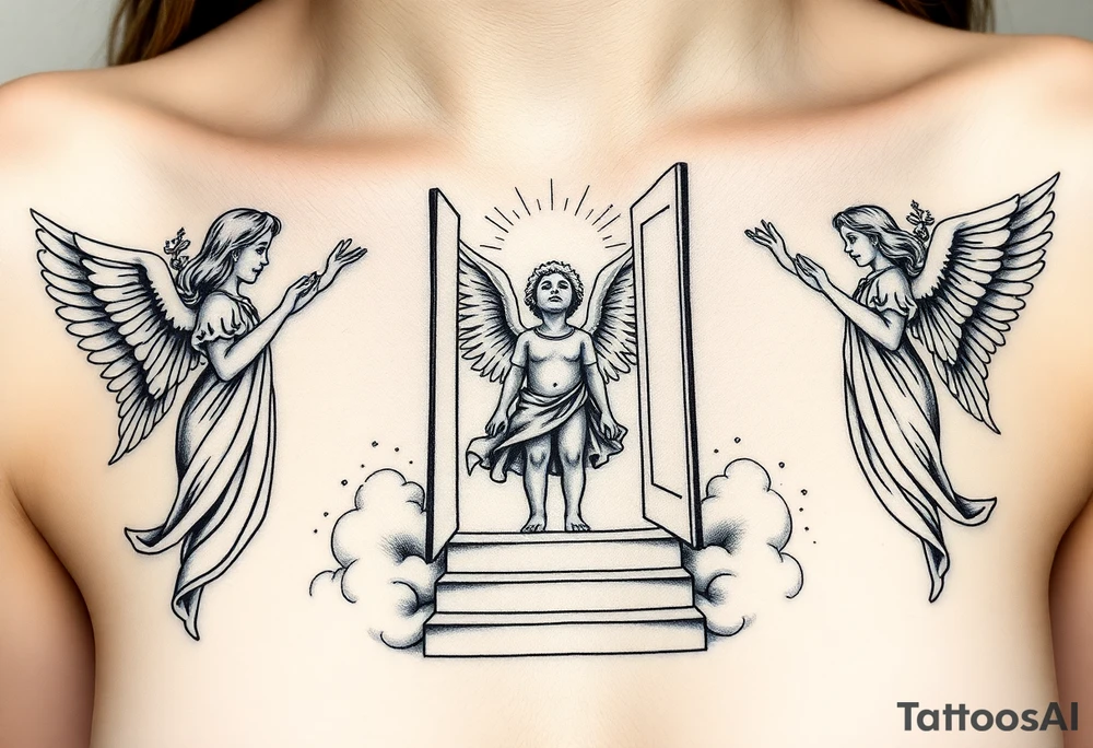 3 angels holding open the gates of heaven with the male figure walking up the steps.Saying fly high baby boy tattoo idea