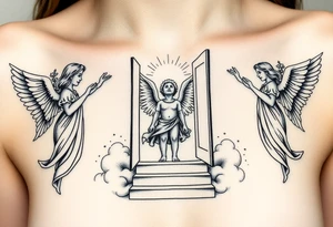 3 angels holding open the gates of heaven with the male figure walking up the steps.Saying fly high baby boy tattoo idea