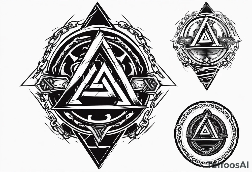 Valhalla sword shield axe barbed wire chains valknut fire tattoo idea