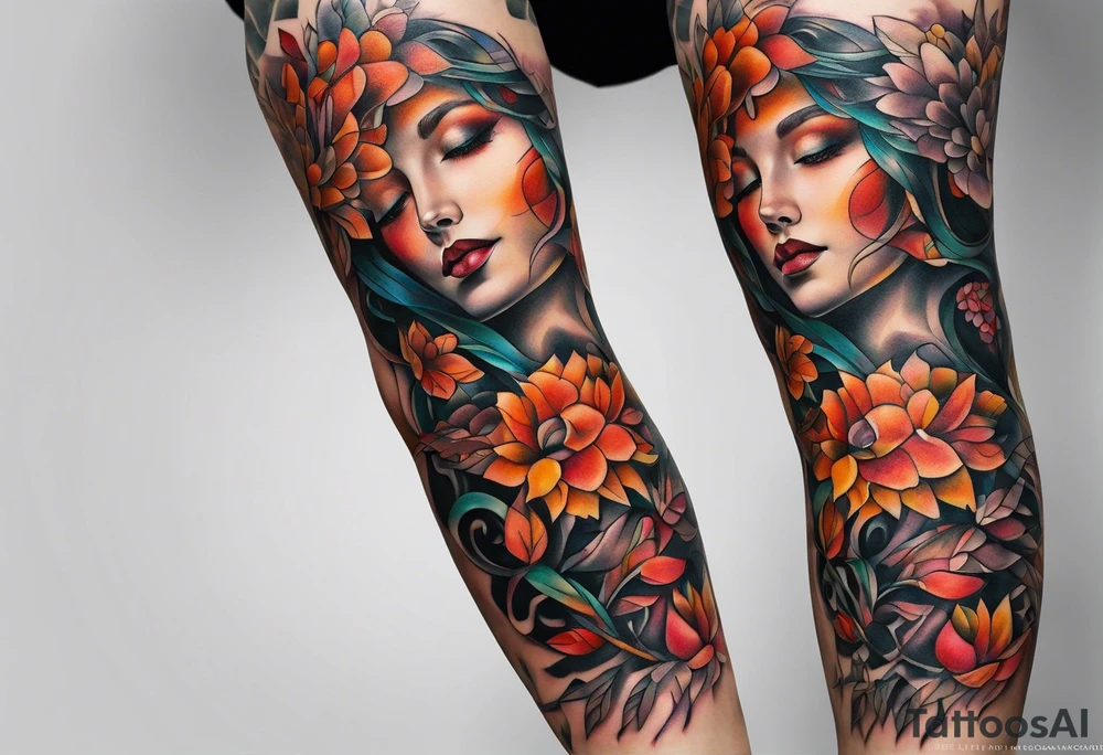 knee tattoo in fall color masculine tattoo idea