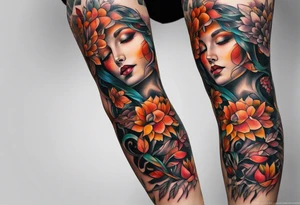 knee tattoo in fall color masculine tattoo idea