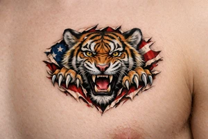 Tiger ripping throught the chest with the American Flag in the background.  Almost like the Amercian Flag is the blood of the body.  Make it bigger and add color.  The tiger should be more front.  So the ears are out from the body.  Bigger.  This is on the chest.  Not the back. tattoo idea