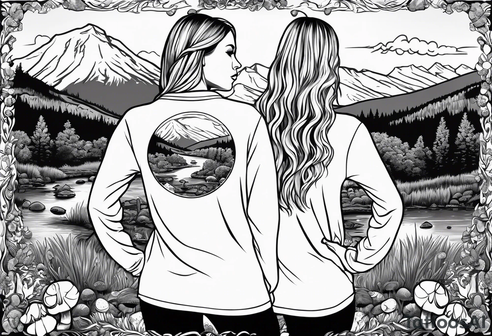 Whole picture encircled fully

Straight long blonde hair hippie girl in distance holding mushrooms in hand facing away toward mountains and creek surrounded by mushrooms long sleeve shirt and hiking pants; whole rendering within a full circle, no cut off circle tattoo idea