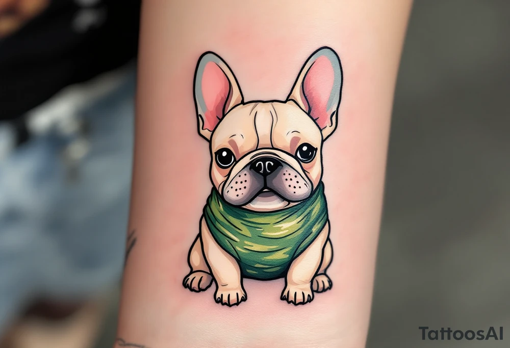 French Bulldog as a sushi roll, fun and whimsical, with beige fur and seaweed wrap drawn in black and green, cheeks tinted pink. tattoo idea