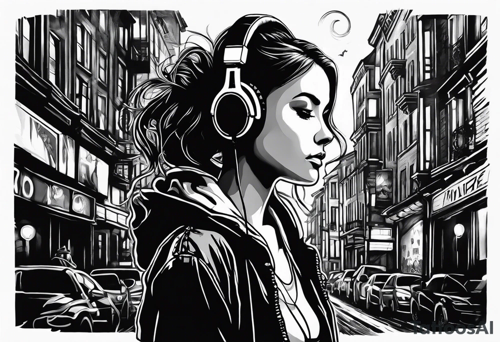 a girl listening to music with over the ear headphones walking in a dark city ally at night tattoo idea