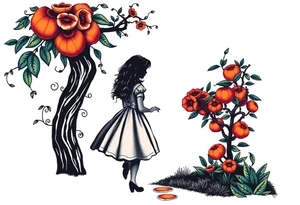 Alice in wonderland silhouette. Perspective from the back. She is entering a garden and seeing an orange tree. tattoo idea