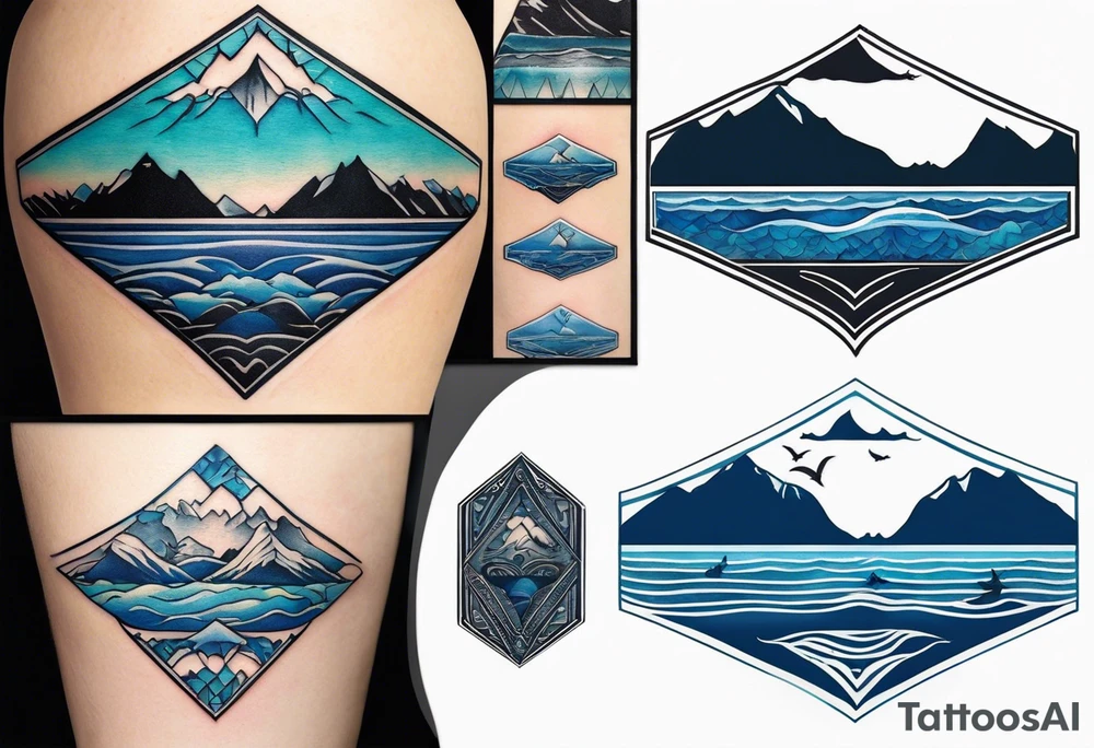 This is a minimalistic tattoo split into 2 distinct sections; a top half and a bottom half. The top half is a mountain in Norway with a windy mountain bike trail wrapping around the mountain. The bottom half of the tattoo depicts an underwater ocean scene, featuring blue water and sea life including a manta ray and sea turtle. tattoo idea