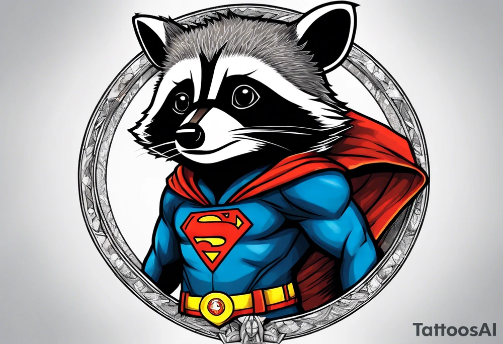 raccoon wearing a Superman hoodie tattoo idea