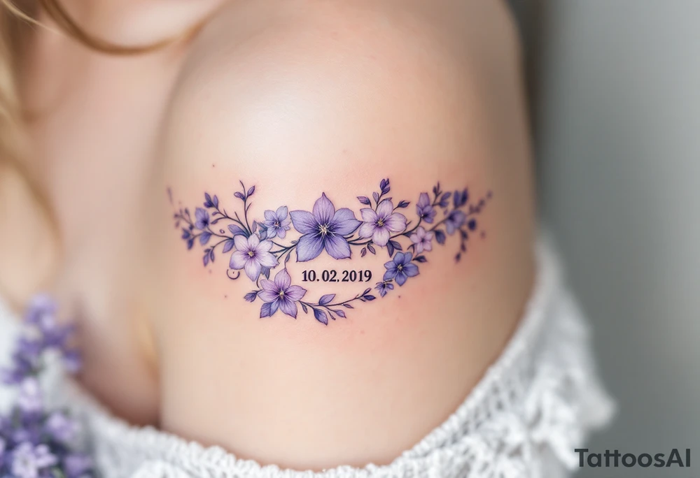 Hana 10. 02. 2019 – Soft violet and lilac flowers winding around Harper's birthdate, with subtle silver details. tattoo idea