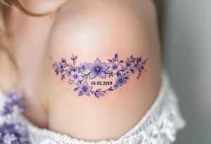 Hana 10. 02. 2019 – Soft violet and lilac flowers winding around Harper's birthdate, with subtle silver details. tattoo idea