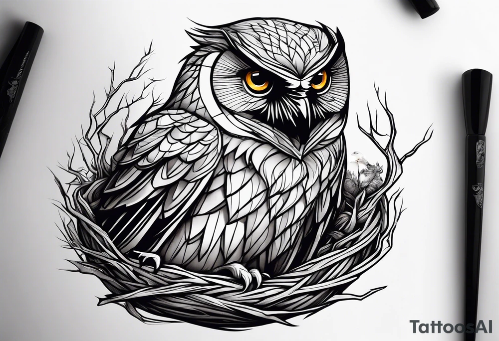 Owl, raven, eagle cuddled in a nest, birdseye view tattoo idea