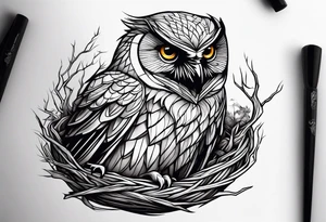 Owl, raven, eagle cuddled in a nest, birdseye view tattoo idea