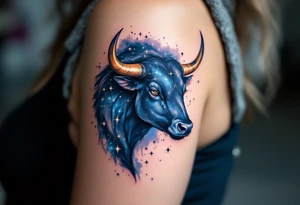 The celestial bull of Taurus sparkles with sapphire taurus star constellation across the obsidian night. tattoo idea