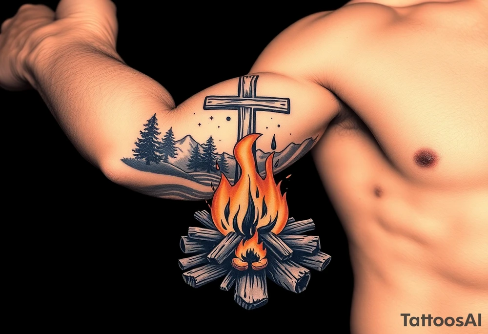 Campfire with cross include the great outdoors and night sky make sure cross doesn't look like it is on fire tattoo idea