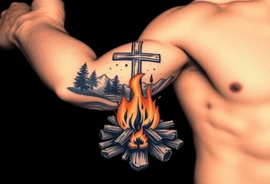 Campfire with cross include the great outdoors and night sky make sure cross doesn't look like it is on fire tattoo idea