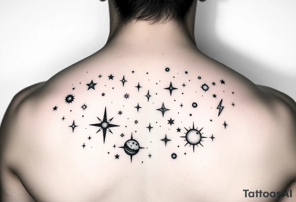 Give me a nighttime constellation tattoo with 10 different variances of stars of 40 stars, and additional cosmo items e.g. planets, etc. tattoo idea