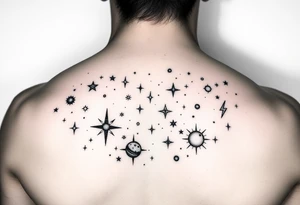 Give me a nighttime constellation tattoo with 10 different variances of stars of 40 stars, and additional cosmo items e.g. planets, etc. tattoo idea