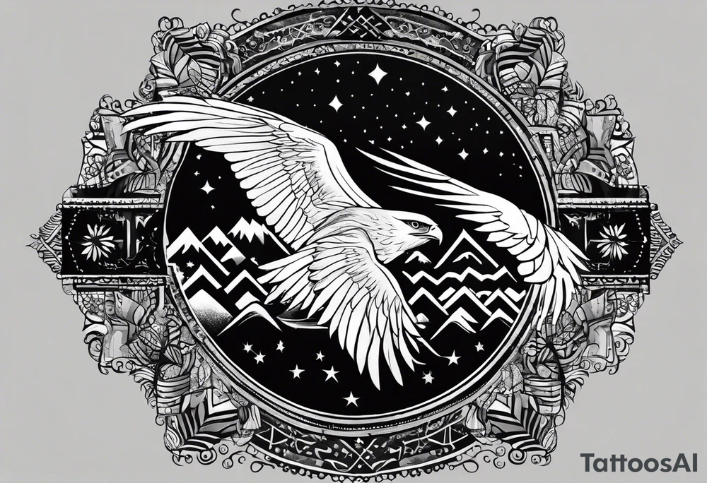 I'm hoping to get a small tattoo on the inner side of my forearm. I'm looking for something that represents:

My daughter's name is Daya, which means "black kite". I'd like to incorporate a black kite into the design.
I'm an environmental activist, so I'd like to include some elements that represent nature and environmentalism. Perhaps a tree, flowers, or a landscape.
I love rock and metal music, so I'd like to add a touch of that to the design, maybe with bold lines or abstract shapes.
I also love sunflowers and find them very symbolic. I'd like to incorporate them into the design as well. tattoo idea