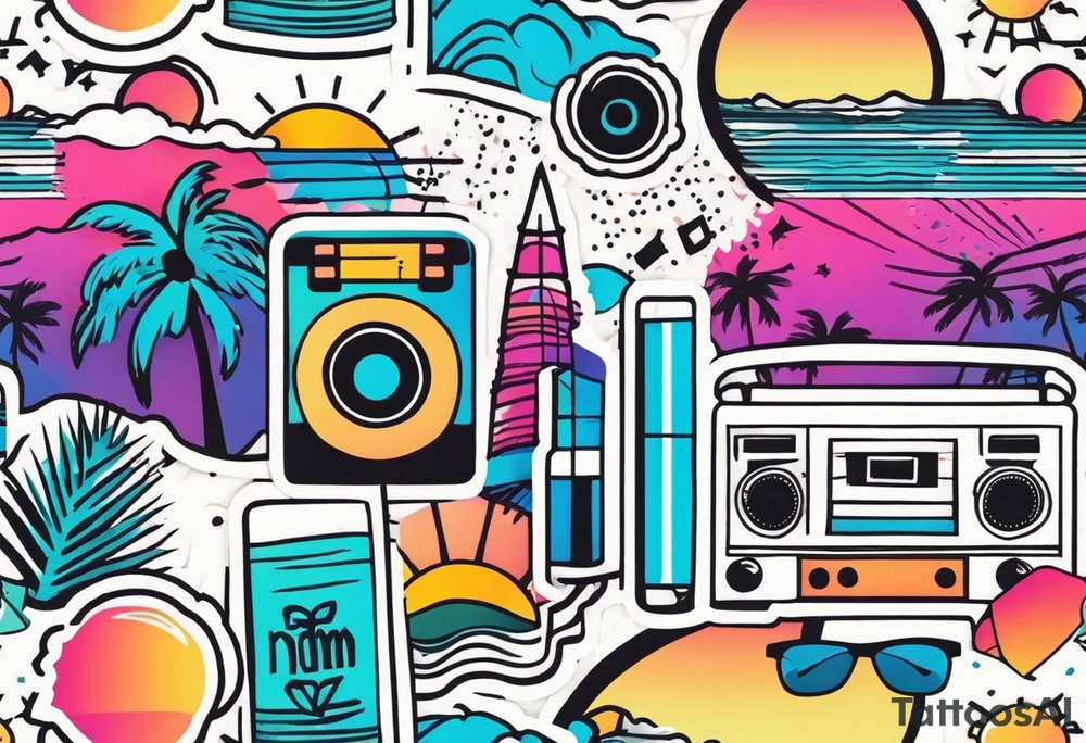 1980's miami vice style beach dance 
party, include confetti, music notes, boom box, bikinis sunset in the center tattoo idea
