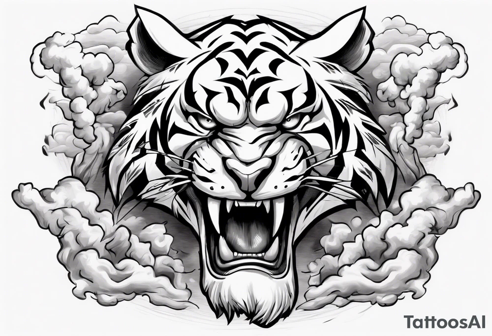 A thundergod tiger forearm tattoo, with lightning and clouds filling the area tattoo idea