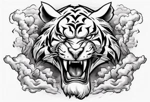 A thundergod tiger forearm tattoo, with lightning and clouds filling the area tattoo idea