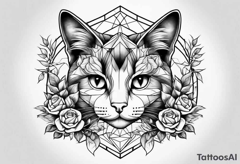 cat with roses around it tattoo idea