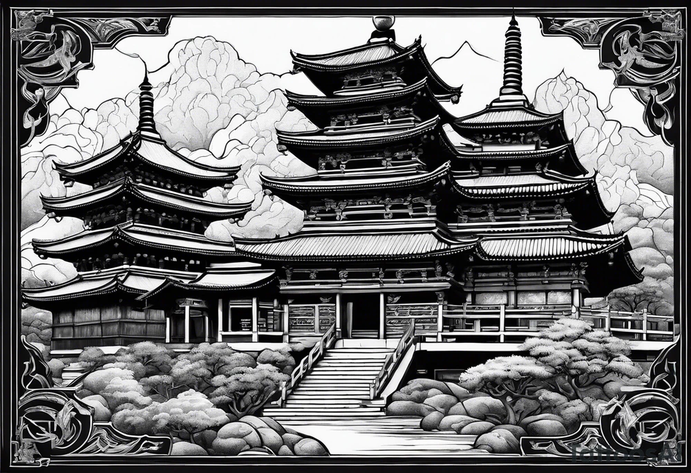 a old world map as the background with a small Buddhist temple at the bottom tattoo idea