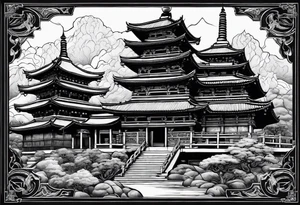 a old world map as the background with a small Buddhist temple at the bottom tattoo idea