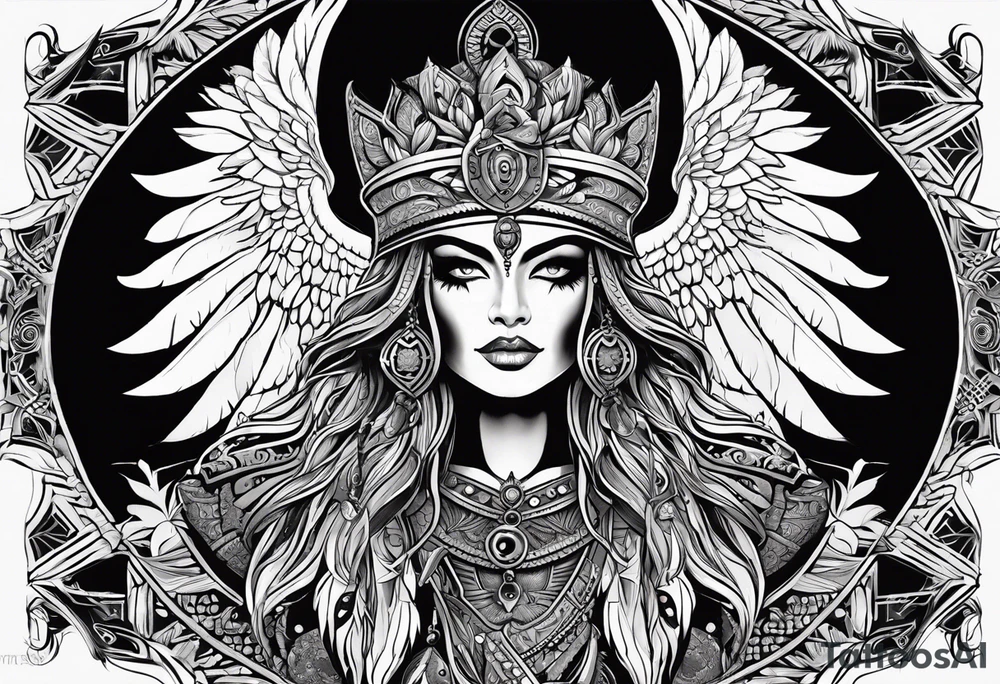 black kali, goddess pirate, alien, pachamama, valkrye, warrior, skull, lotus azul, wing, eagle, zenza resonance, stars, 5D tattoo idea