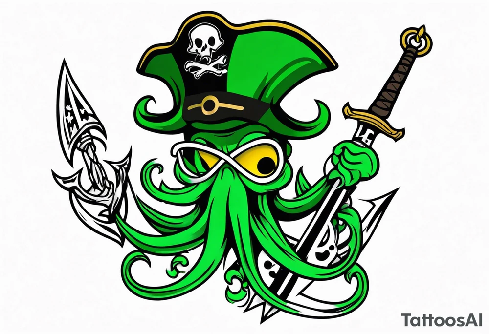 green pirate squid holding sword and anchor tattoo idea
