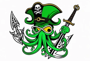 green pirate squid holding sword and anchor tattoo idea