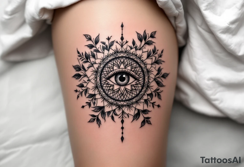 A simple yet powerful circle with the design of an eye of protection (like the Evil Eye symbol) at the center, surrounded by soft floral patterns. This tattoo symbolizes both spiritual protection and femininity. tattoo idea