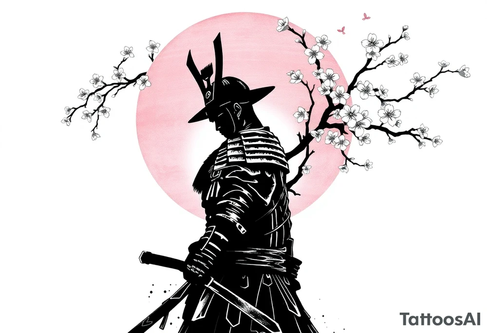 noble samurai warrior silhouette at sunset with cherry blossoms tattoo idea