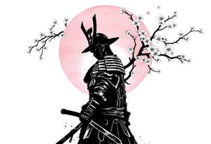 noble samurai warrior silhouette at sunset with cherry blossoms tattoo idea