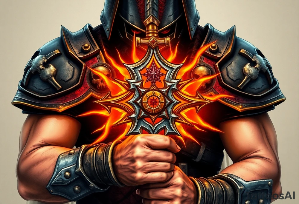 Warhammer, the Old World. A warrior priest of Sigmar holding The Warhammer of Sigmar. The Warhammer of Sigmar is radiating thunderous energy. The Warhammer is held by the warrior priest with both hands upon his chest level. The Warrior priest is wearing dark alloyed heavy armour (reference armor from warhammer vermintide 2 Victor Saltzpyres, the warrior priest of Sigmar class) with skull sigils on his shoulder pads. The warrior priest is wearing a helmet, while the helmets front visor has an humanoid face covering. The helmet and armour are gladened with hints of gold and crimson red. The Warhammer is silverish and golden with a long handle tattoo idea