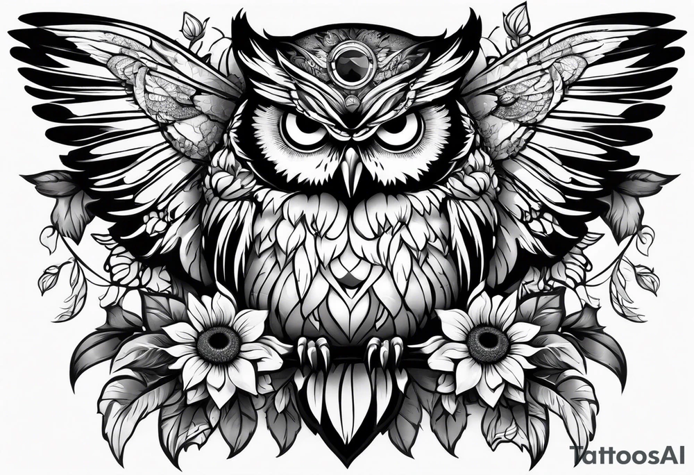 Sleeve with an owl, sunflower and butterfly tattoo idea
