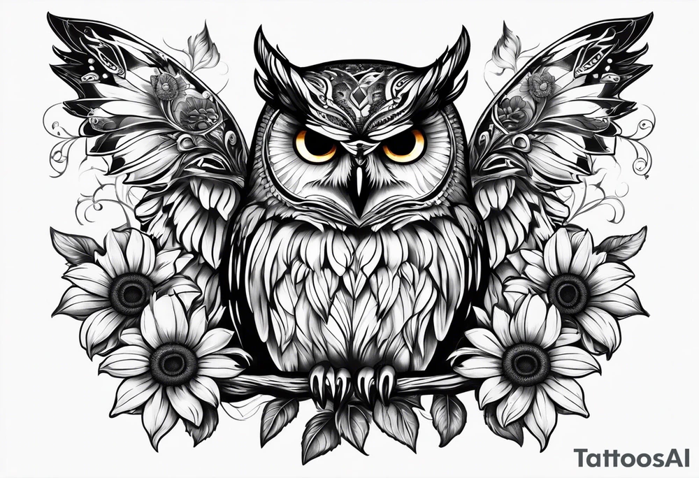 Owl, sunflower with a butterfly tattoo idea