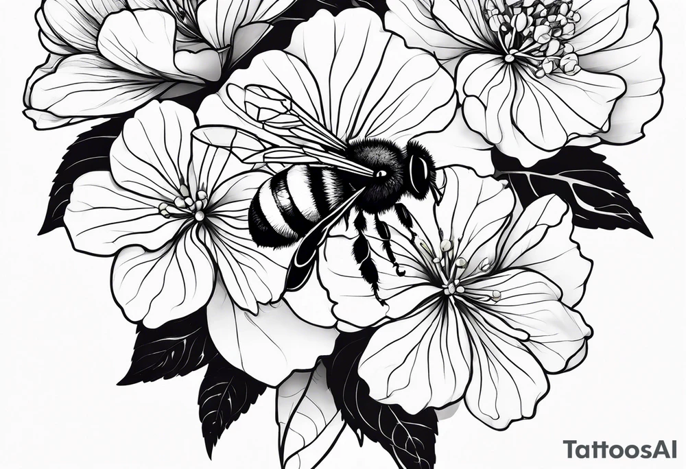 3 in by 2 in minimalist tattoo for forearm of a Hydrangea and bee tattoo idea