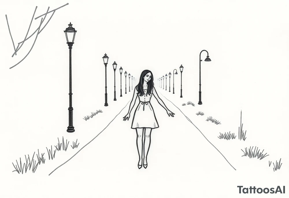Romantic date between a couple holding hands walking down a path holding hands under street lights tattoo idea