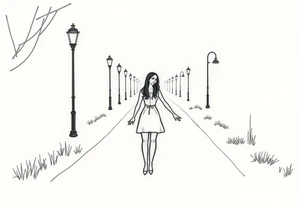 Romantic date between a couple holding hands walking down a path holding hands under street lights tattoo idea