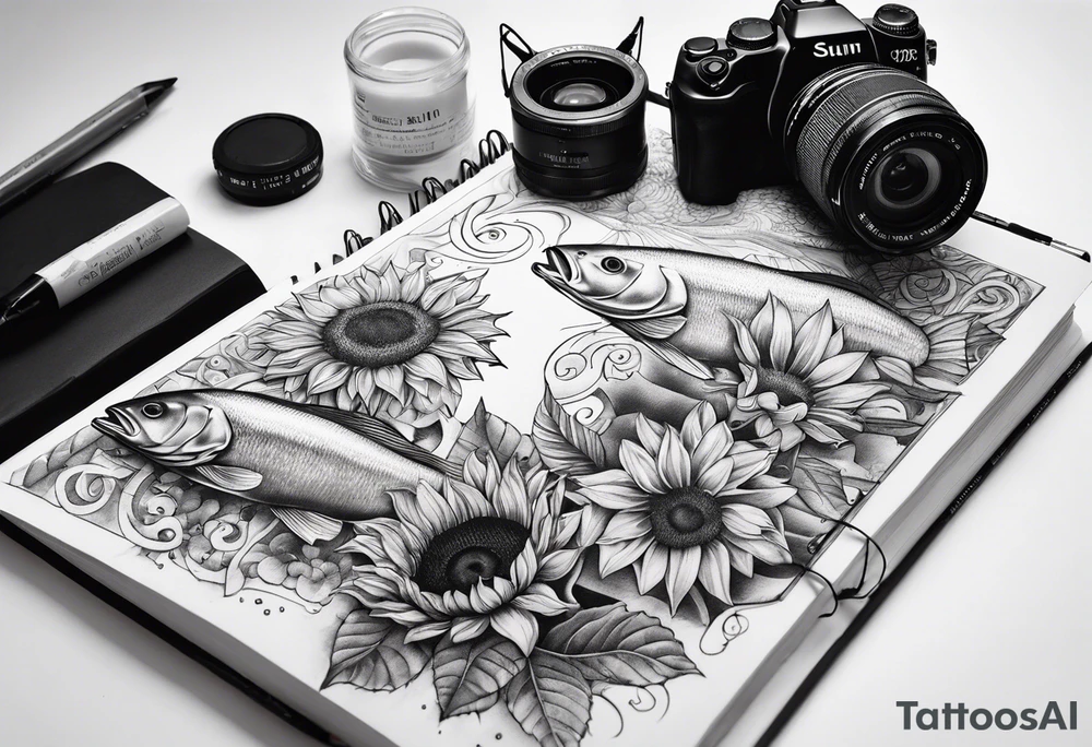 sunflower, book, camera, fish tattoo idea