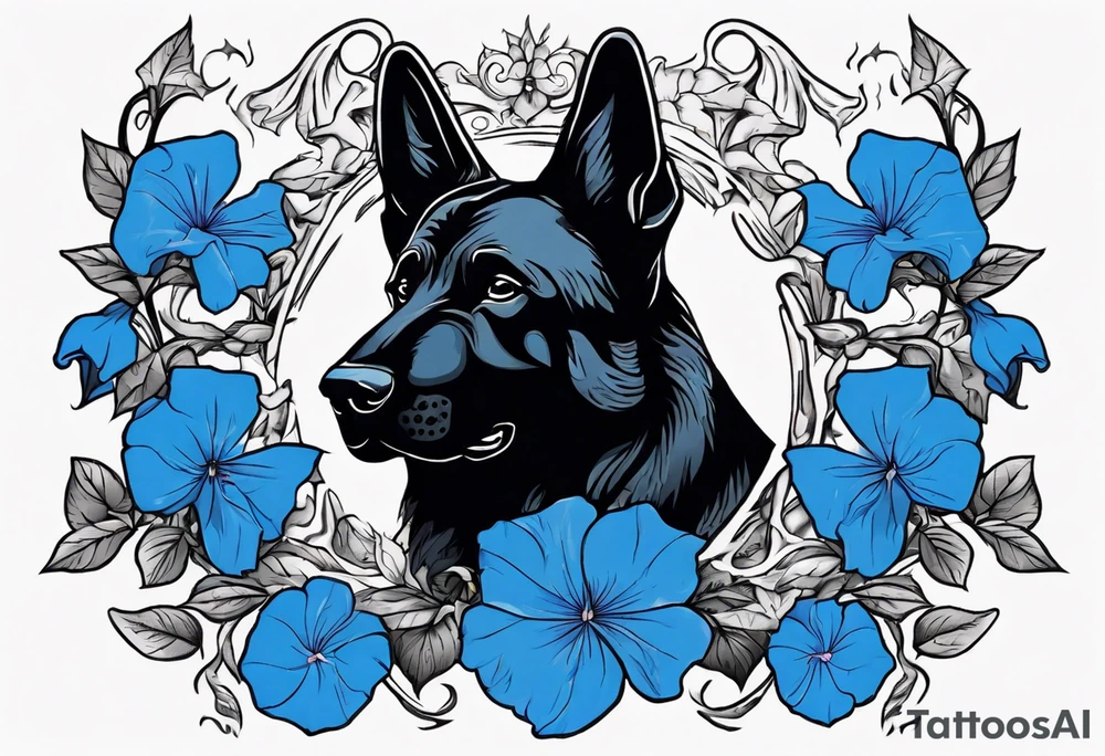 Black German shepherd face surrounded by blue morning glories tattoo idea