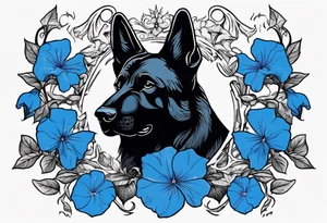 Black German shepherd face surrounded by blue morning glories tattoo idea