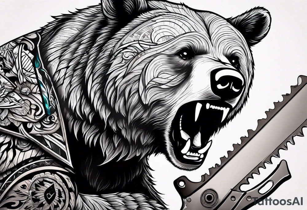 bear using a chainsaw tattoo idea