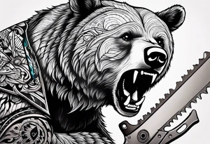 bear using a chainsaw tattoo idea