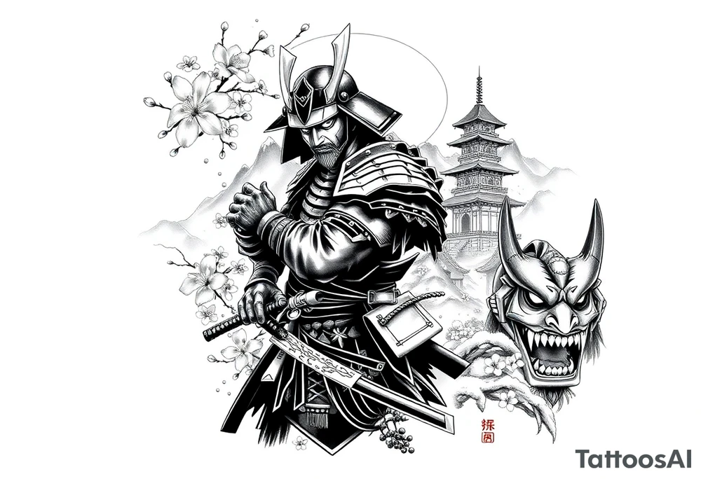 Design an all-black full arm sleeve tattoo featuring a Japanese samurai in full armor with a katana, positioned dynamically. Surrounding the samurai are flowing cherry blossoms, a misty mountain range, and traditional Japanese structures like a pagoda. On the inner forearm, include a detailed Oni mask with sharp features and exaggerated shading. Use dark, dense black ink to create depth, with smooth transitions between the elements, blending the samurai, blossoms, mask, and mountains into a cohesive, flowing design tattoo idea