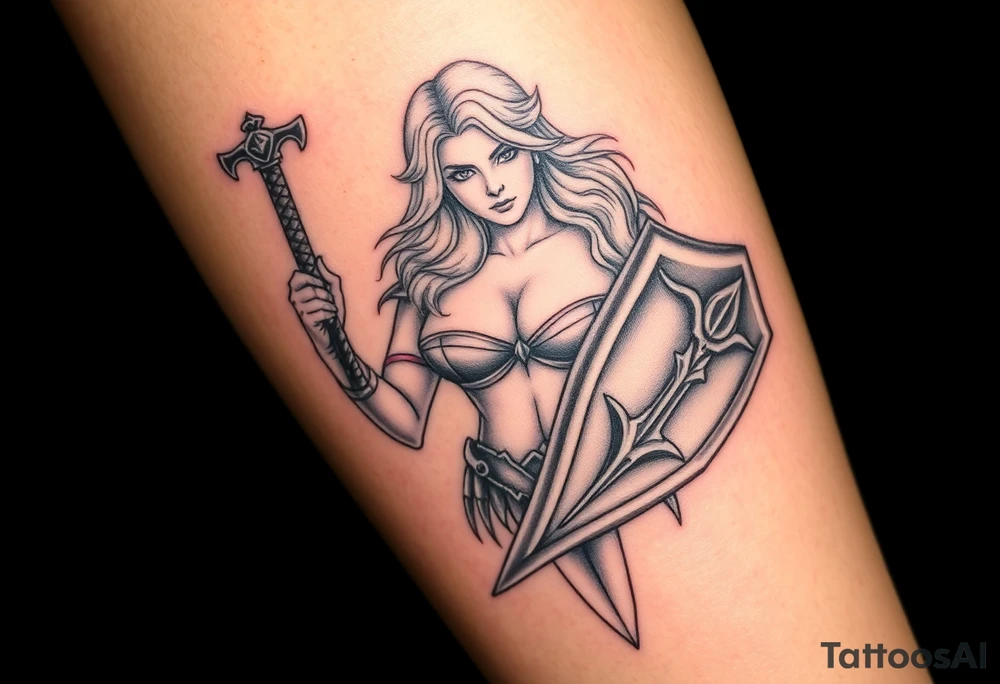 blonde valkyrie with sword and shield -- location calf -- image should show entire body of the valkyrie -- she should have large breasts and beautiful yet tough -- full color, realistic, should have breast armor tattoo idea